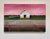"Alizarine Sky" is an acrylic on canvas landscape painting by Justin Wheatley, completed in 2025. A white clapboard barn...
