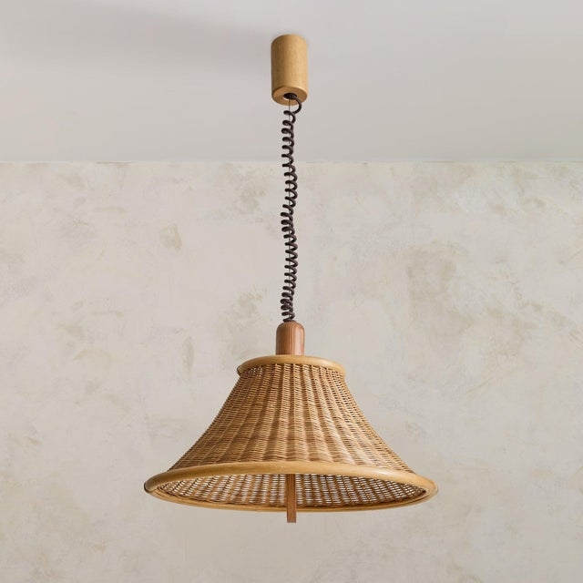 Mid-Century Modern 1970s French Wood + Rattan Pendant For Sale - Image 3 of 11