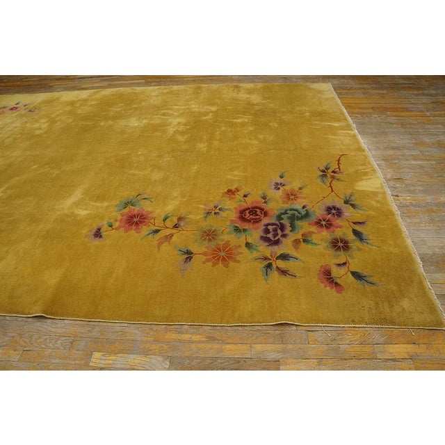 1920s Yellow Gold Open Field Floral Antique Chinese Art Deco Carpet 9' X 11' 4'' Knotted Wool Rug For Sale - Image 4 of 9