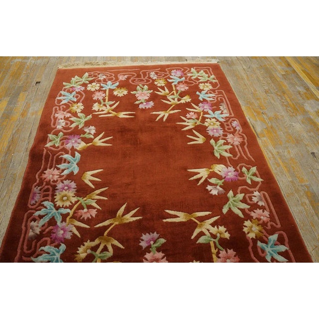 1930s Ruby Red Floral Antique Chinese Art Deco Carpet 4'4" X 6'6" Knotted Wool Rug For Sale - Image 4 of 12