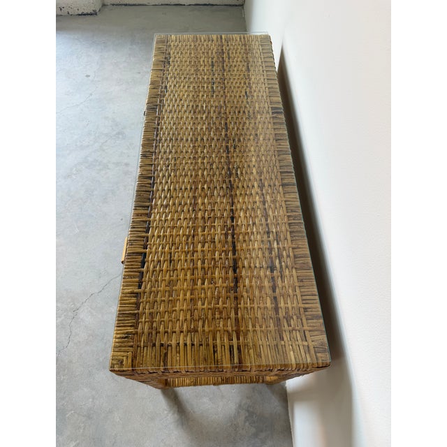 Wood Vintage Palm Beach Regency Coastal Rattan Console Table With Glass Top/ Sold For Sale - Image 7 of 12