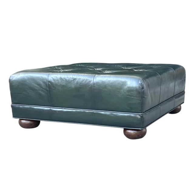 Vintage Deep Green Tufted Leather Ottoman For Sale - Image 4 of 11