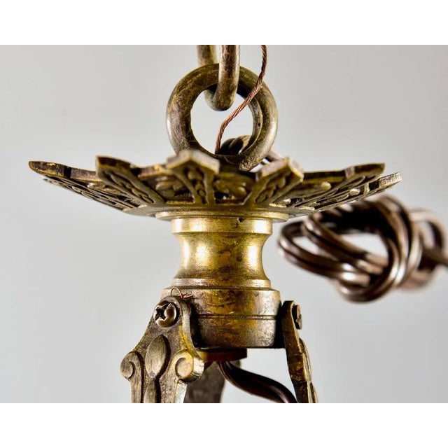 1930s Small Muller Freres Mottled Glass and Bronze Art Deco Pendant For Sale - Image 5 of 11