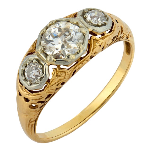 1930s Edwardian Diamond 14k Two Tone Gold Ring, Size 6.25 For Sale