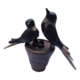 Antique Wooden Swallows in Clay Pot, 1890s For Sale