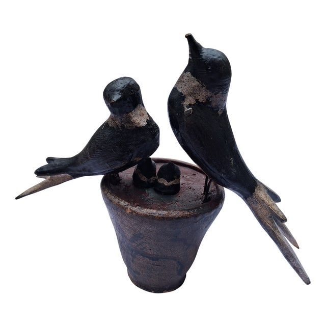 Antique Wooden Swallows in Clay Pot, 1890s For Sale