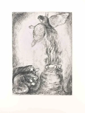 Marc Chagall, Manoah and his Wife, Offering a Sacrifice\., Etching, 1956