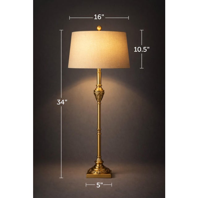 Hollywood Regency Late 20th Century Sunlit Brass Table Lamp With Linen Drum Shade – Tall Transitional Classic Column Form, 34” H For Sale - Image 3 of 7