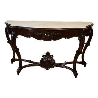 1880s Antique French Louis XV Hand Carved Walnut & Marble Top Console Sofa Table For Sale