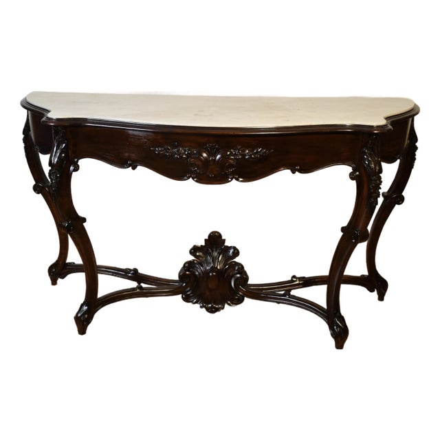 1880s Antique French Louis XV Hand Carved Walnut & Marble Top Console Sofa Table For Sale