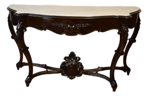 1880s Antique French Louis XV Hand Carved Walnut & Marble Top Console Sofa Table