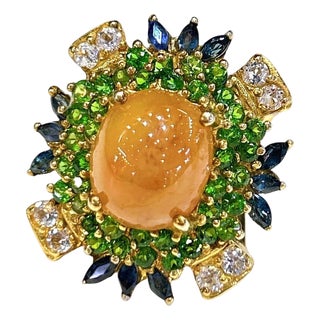 Bochic "Capri" Vintage Honey Sapphire, Garnet & Sapphire Ring - 18K Gold & Silver For Sale