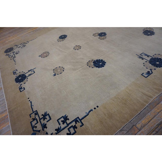 Early 20th Century 1900s Tan Beige Geometric Antique Chinese Peking Rug 10' X 13'6'' Handknotted Wool Carpet For Sale - Image 5 of 6