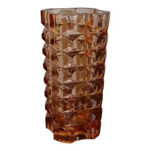 Vintage French Faceted Geometric Luminarc Salmon Pink Glass Vase by j.g. Durand 1970s