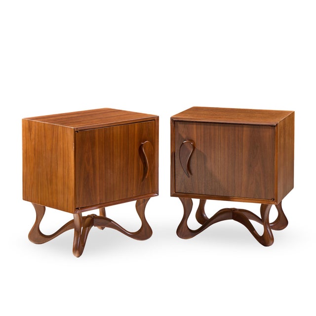Vladimir Kagan Style Mid Century Sculpted Walnut Nightstands - Pair Each nightstand measures: 22 wide x 16 deep x 25.25...