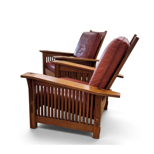 Late 20th Century Stickley Spindle Reclining Leather Morris Chairs, a Pair For Sale - Image 5 of 18