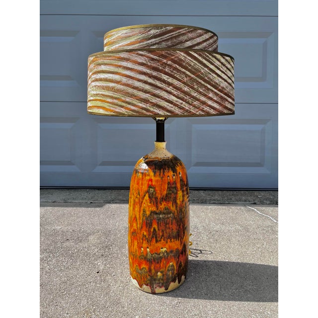Mid-Century Modern Brutalist Fat Lava Lamp + Two-Tiered Striped Shade | C. 1970s For Sale - Image 3 of 12