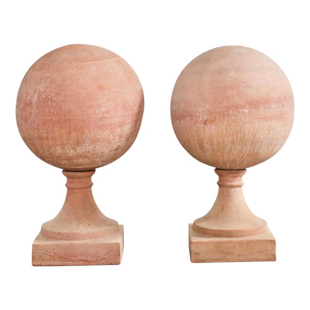 Pair of Tuscan Terracotta Garden Sphere Finials on Pedestals For Sale