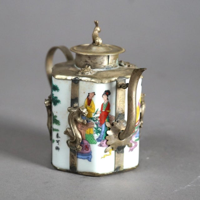 Chinese Miniature Porcelain Teapot with Silver Overlay 20th Century For Sale - Image 6 of 9