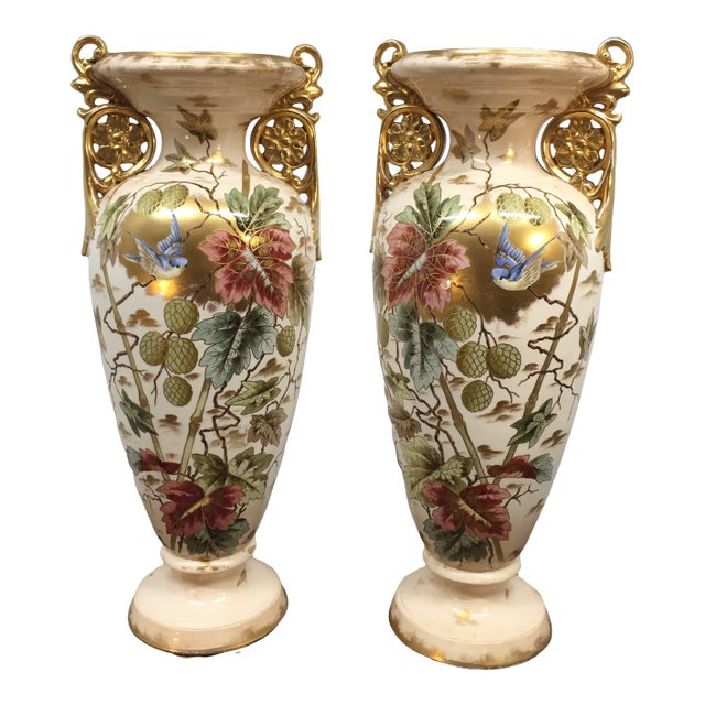 Pair of Large Apposing Royal Bonn Handled Vases in Floral and Bird Motif For Sale