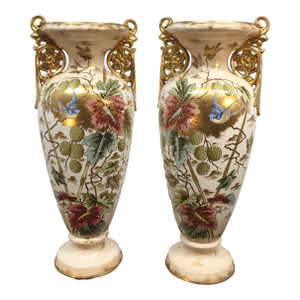 Pair of Large Apposing Royal Bonn Handled Vases in Floral and Bird Motif