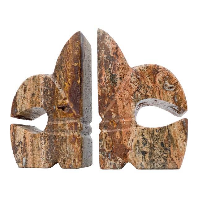 1960s Pair of Italian Marble Stone Fleur De Lis Bookends For Sale