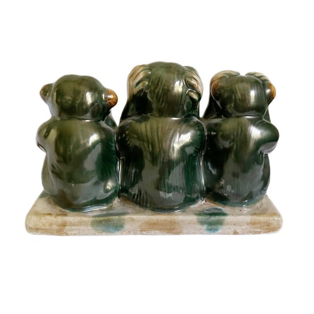 Large Vintage 1930s 3 Monkeys Majolica Pottery Figurine - See Hear Speak No Evil For Sale - Image 4 of 6