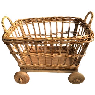 Wicker Rattan Basket Storage Cart With Wooden Wheels For Sale