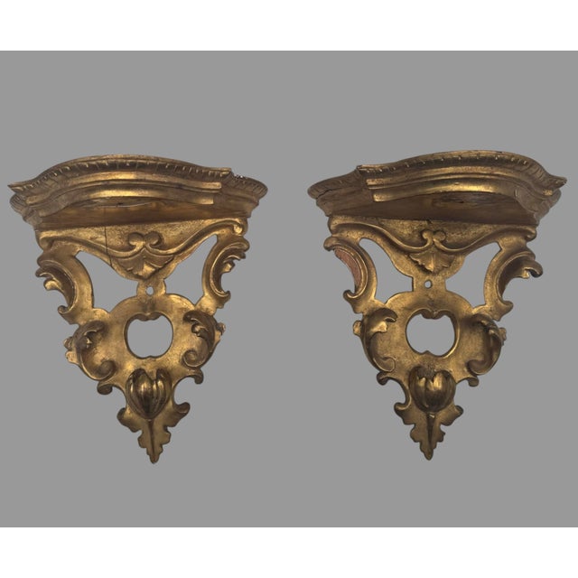 Gold Antique Pair Carved Giltwood Rococo Wall Bracket Shelves Italian Style 11” For Sale - Image 8 of 12