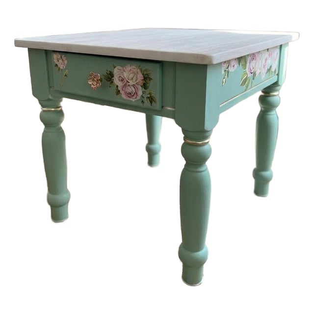 Pair of Hand-Refinished End Tables With Custom Soft Green Finish and Floral Detail For Sale