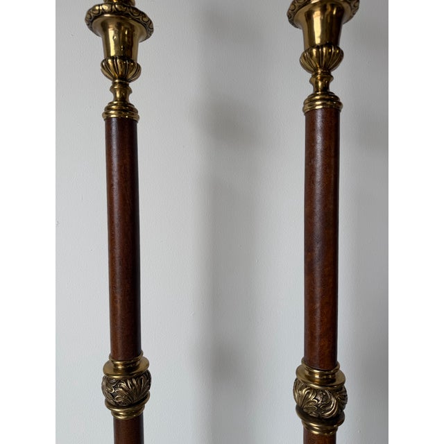 Vintage Neoclassical Style Brass & Leather Column Floor Lamps — A Pair For Sale - Image 10 of 12