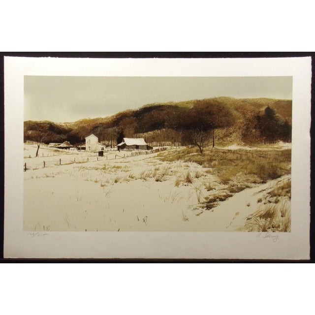 Unframed original limited edition lithograph art print of a snowy farm landscape by Adolf Sehring. Hand signed and...