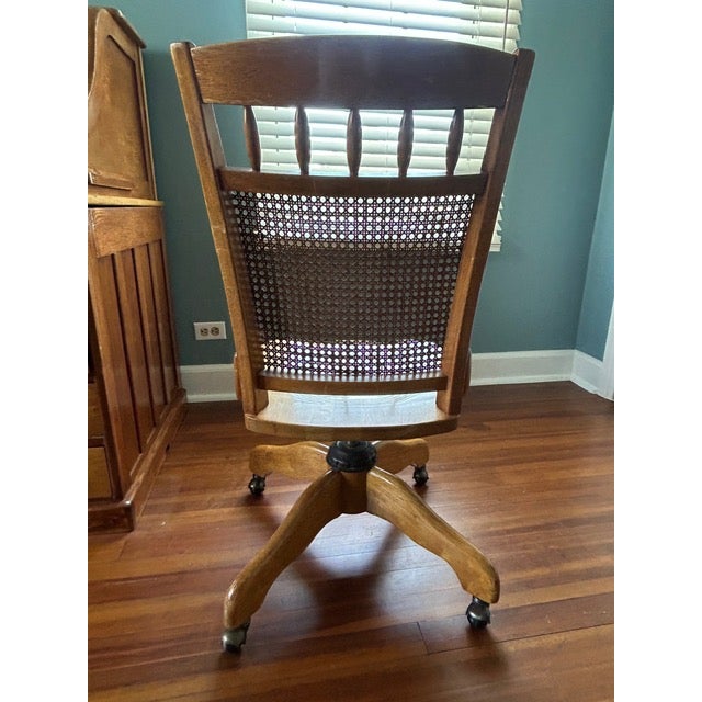 Rare Antique Oak S-Curve Roll Top Desk by Myrtle Desk With Vintage Pioneer Manufacturing Oak Desk Chair For Sale - Image 18 of 18