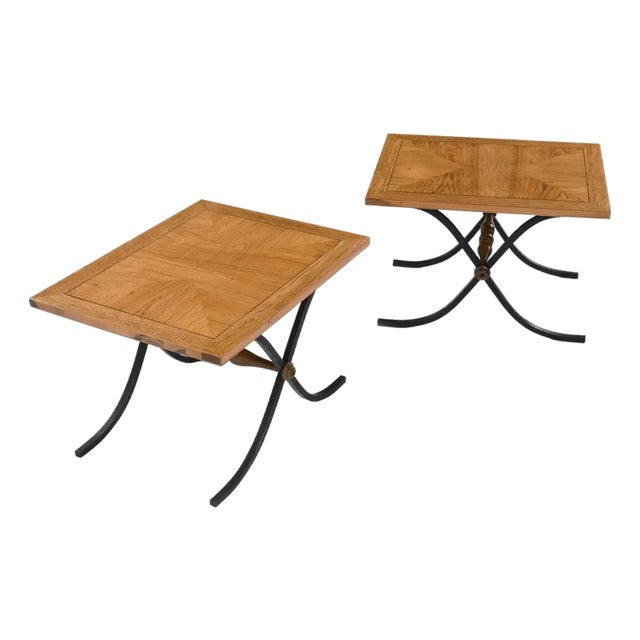 Michael Taylor Style Petite Parquet Oa Side Tables With Iron X Base Swag Legs For Sale