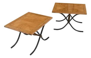 Michael Taylor Style Petite Parquet Oa Side Tables With Iron X Base Swag Legs