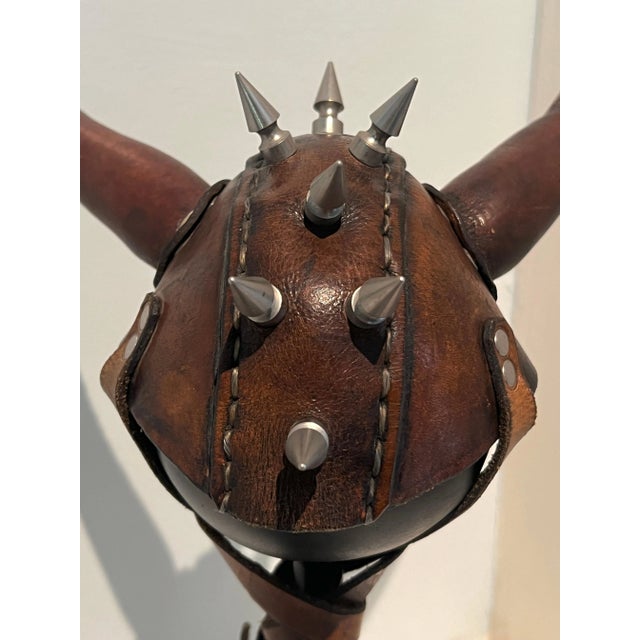 Leather Studded Helmet Mounted on Custom Iron Stand For Sale - Image 9 of 12
