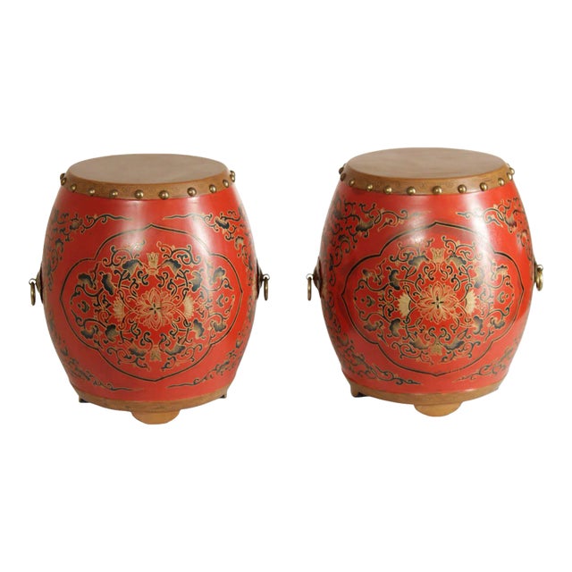 Asian Inspired Style Pair of Hand Painted Wooden Drum Stools For Sale