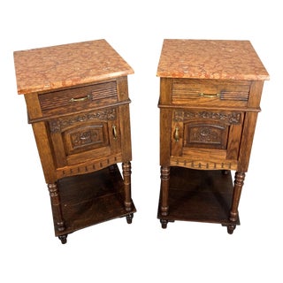 Antique French Oak Bedside Tables with Marble Top, Set of 2 For Sale