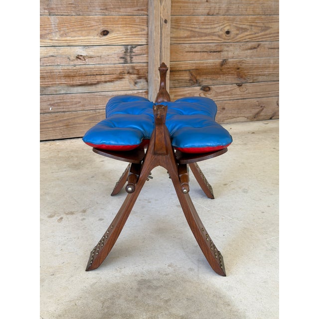 Vintage Carved Boho Camel Saddle Stool or Ottoman With Brass Studded Legs For Sale - Image 11 of 12
