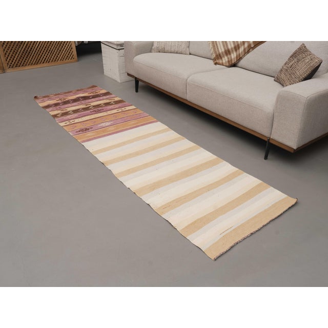 1970s Vintage Handmade Wool Cotton White Beige Kilim Runner Rug For Sale - Image 4 of 11