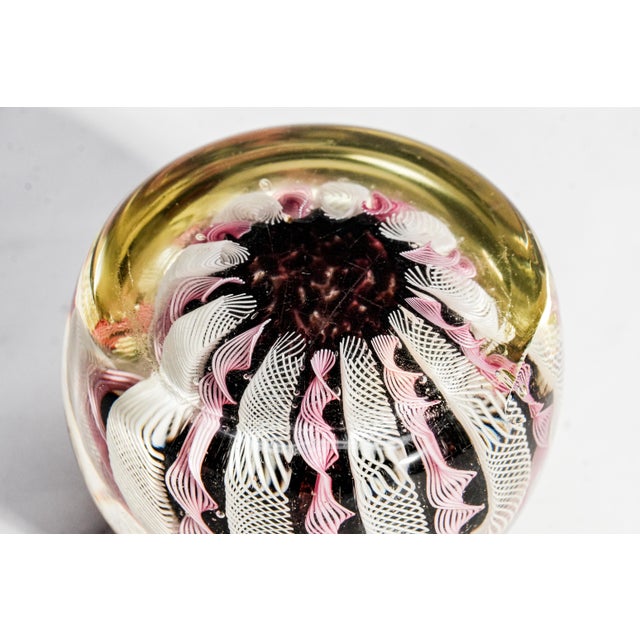 Lovely Vintage Murano Italy Fratelli Toso Latticino Ribbon Glass Paperweight Pink White Blue Art Glass Home Decor For Sale - Image 9 of 9