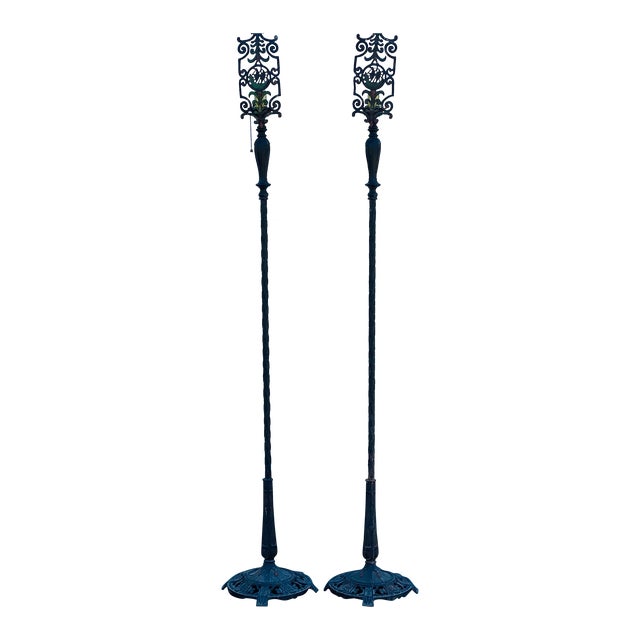 C.1910 Chinoiserie Sailboat Wrought Iron Torchieres Floor Lamps a Pair For Sale