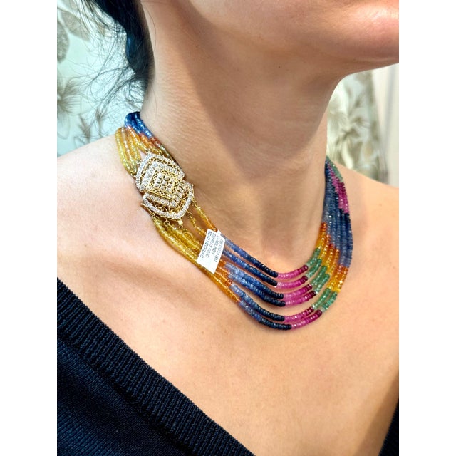 400 Ct , 6 Layer Natural Emerald Ruby & Sapphire Bead Necklace 18K Diamond Clasp For Sale - Image 10 of 18