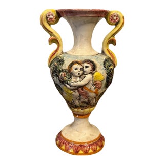 Antique Italian Capodimonte Handled Pedestal Urn Vase With Cherubs For Sale