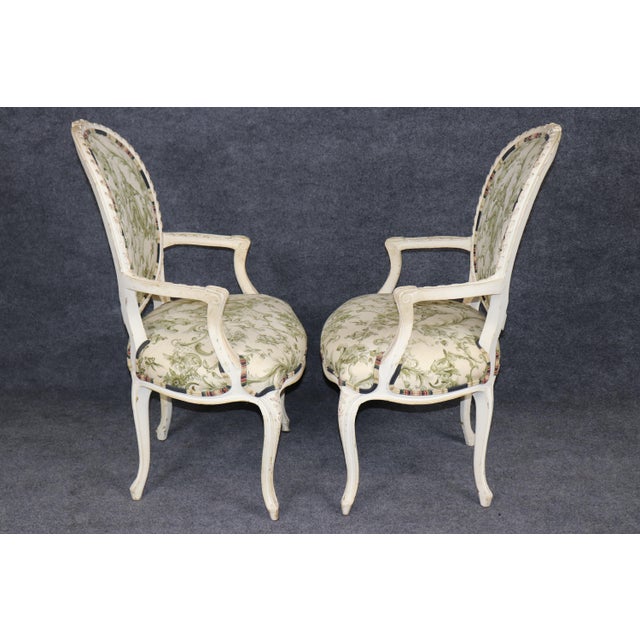 Pair of Distressed French Louis XV Style Painted Arm Chairs W/ Toile Upholstery For Sale - Image 4 of 14
