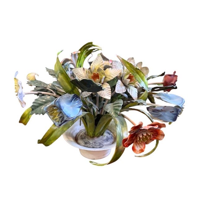 Metal Vintage Italian Tole Flowers / Floral Bouquet Arrangement Sculpture in Pot, Made in Italy For Sale - Image 7 of 12