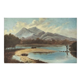 Antique Folk Art Mountainous Landscape With Lake and Boat, Oil on Board For Sale