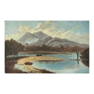 Antique Folk Art Mountainous Landscape With Lake and Boat, Oil on Board