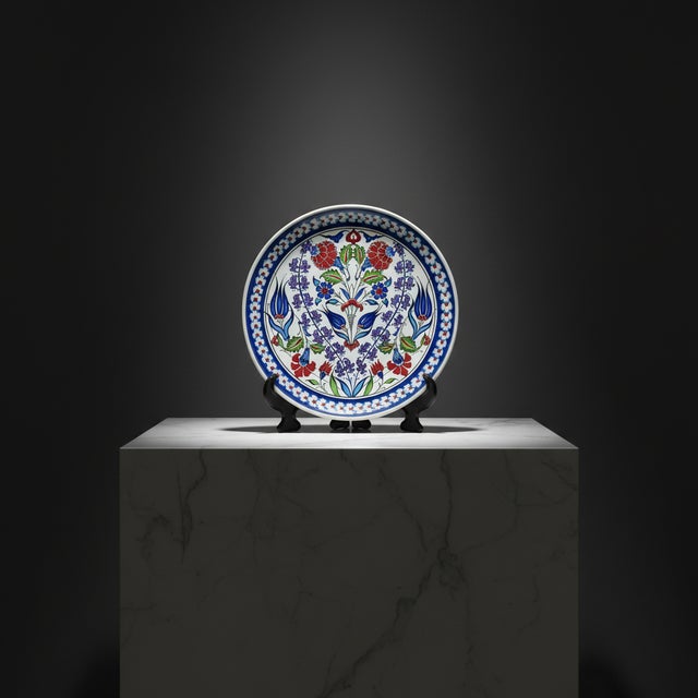 Blue Handmade Ceramic Iznik Plate (Classic Floral Style) Red Rose and Hyacinth Pattern For Sale - Image 8 of 8