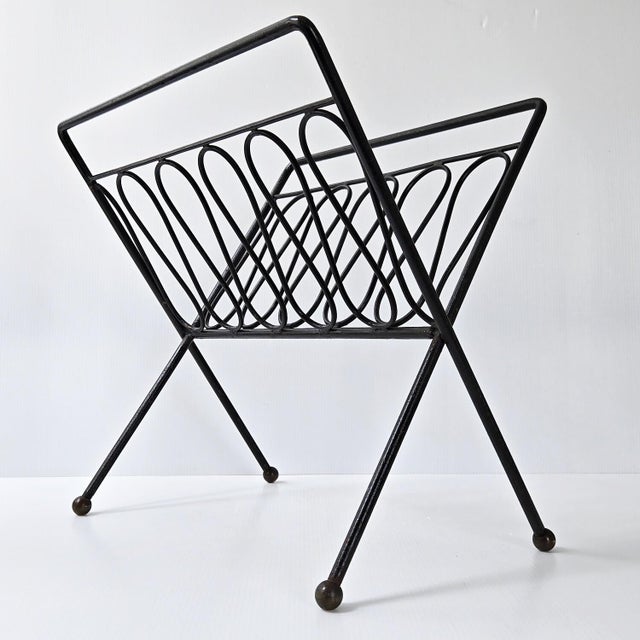 Vintage Magazine Rack in Black Lacquered Steel and Brass from Jean Royère, 1950s For Sale - Image 12 of 12